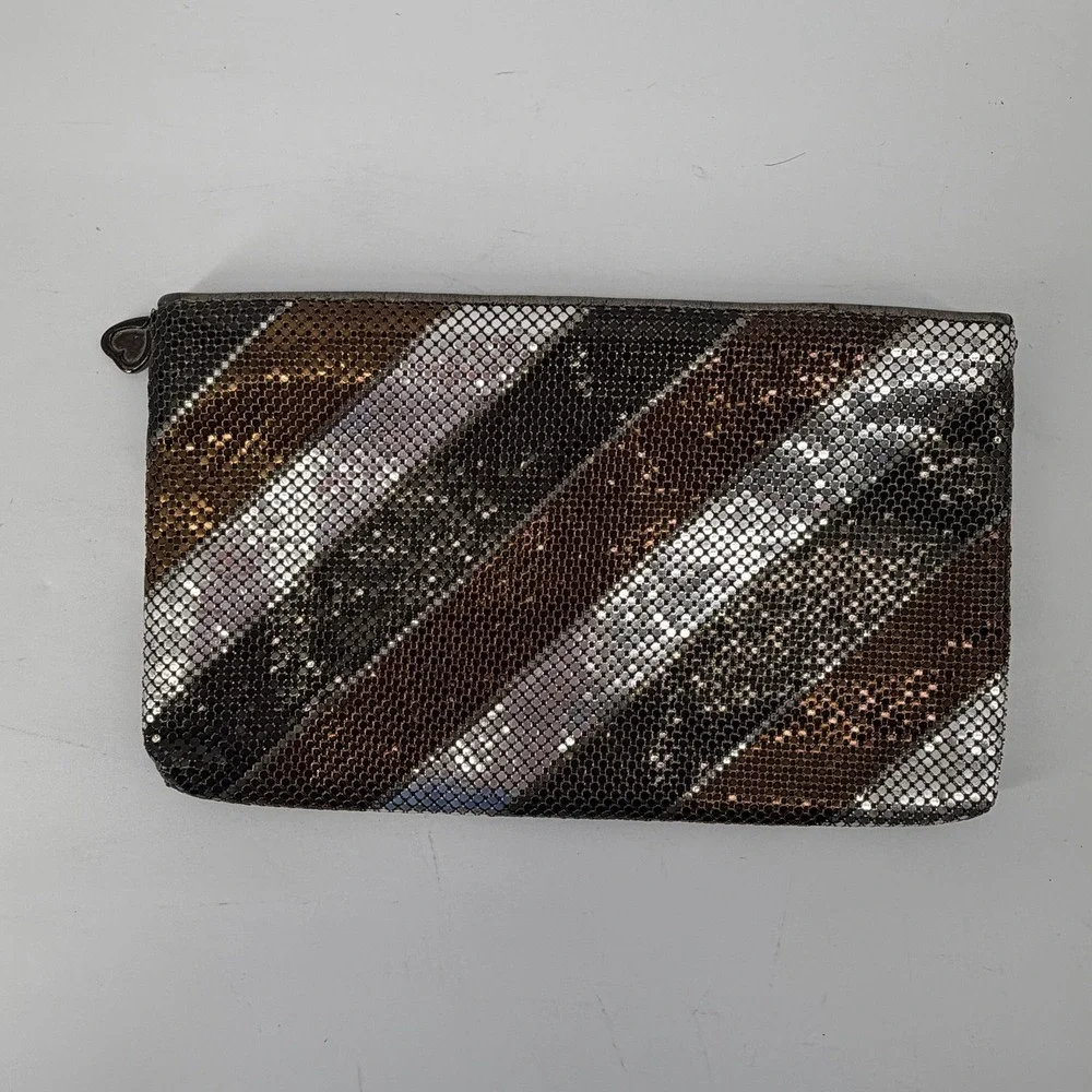 Whiting and Davis Metallic Mesh Striped Zip Clutch Bag Silver Bronze Gunmetal